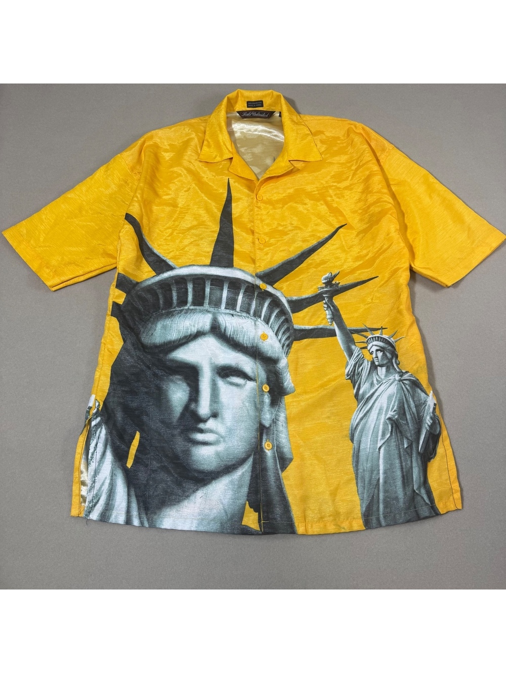 Vintage Seals Unlimited Statue of Liberty AOP Camp Shirt 17.5 XL Yellow Korea